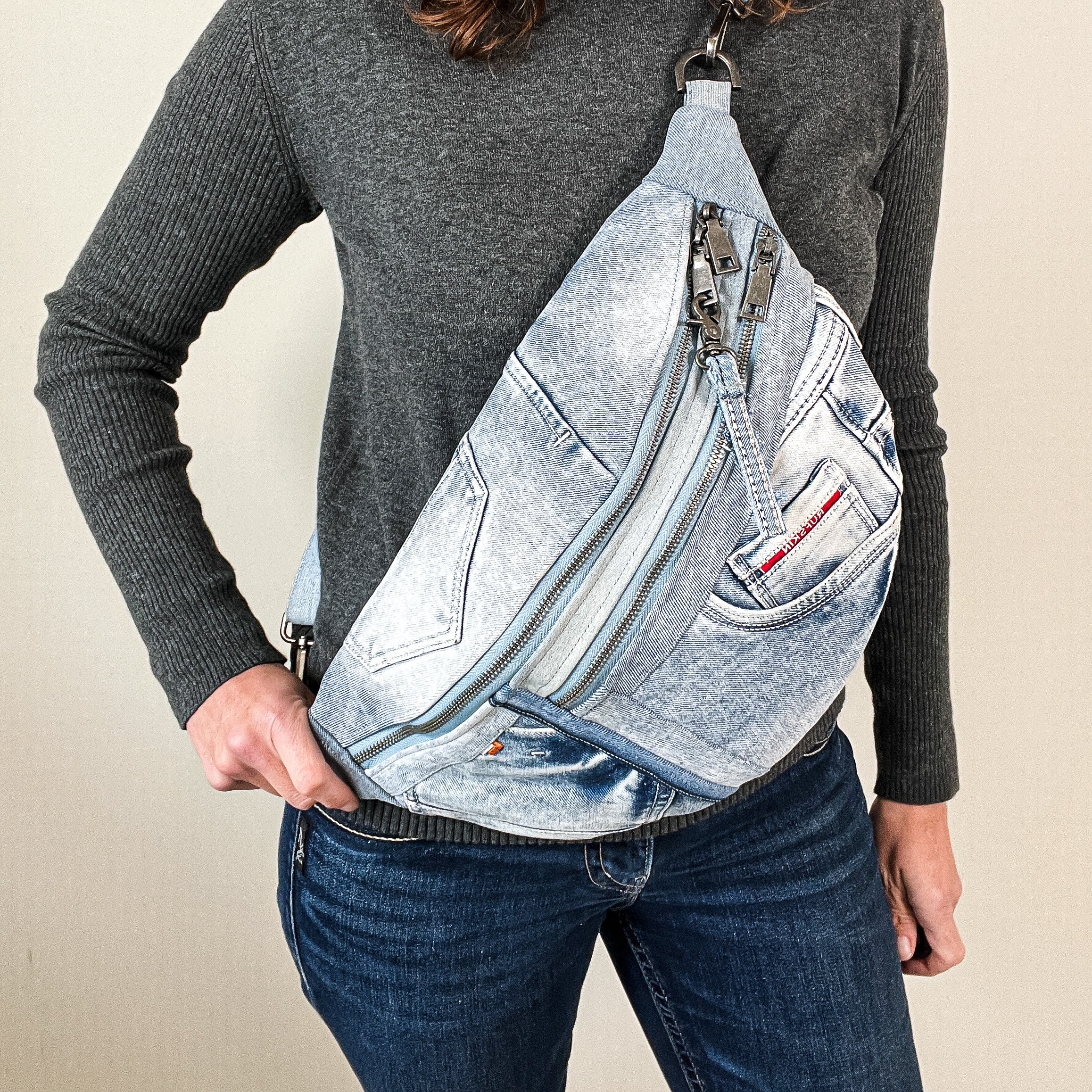 Upcycled denim sling bag XL
