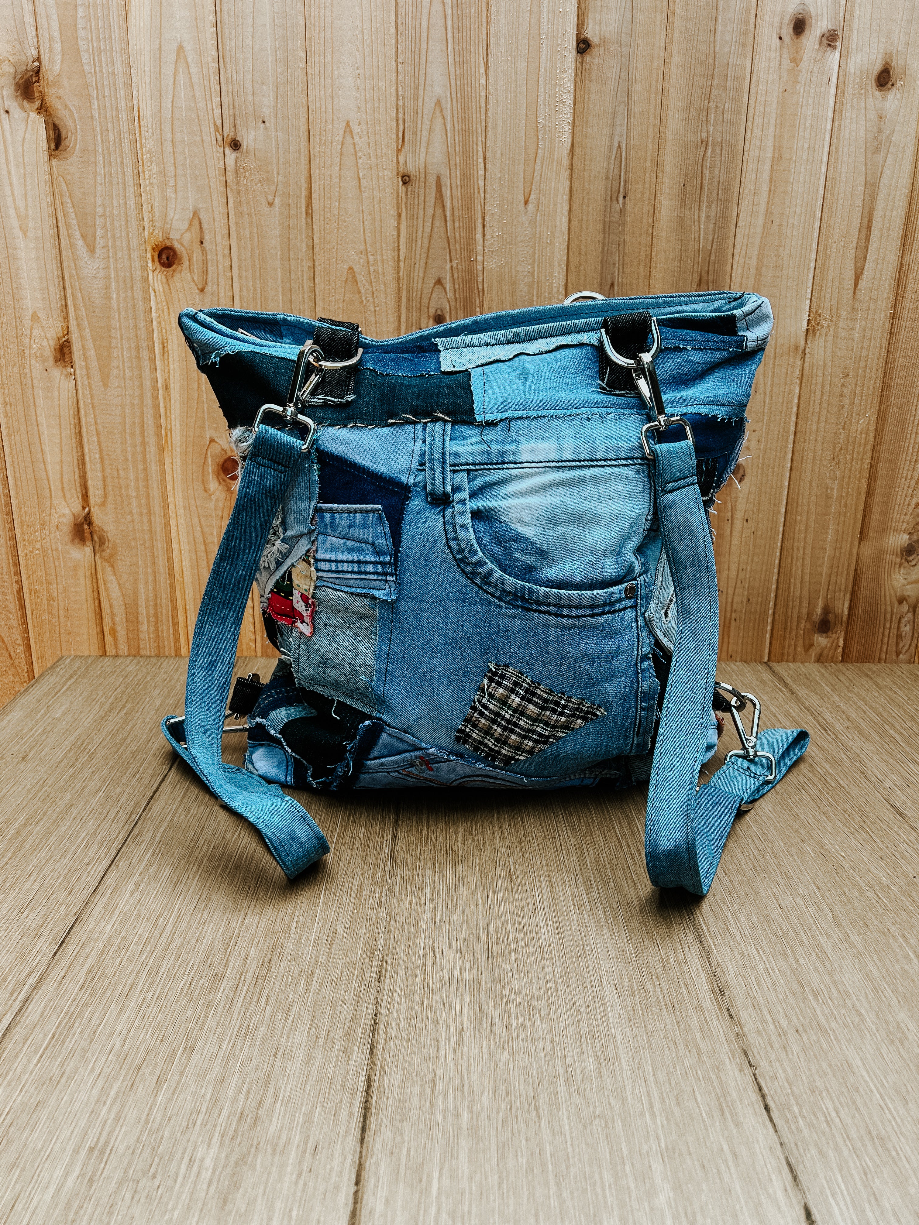 Upcycled denim crossbody bag. Convertible backpack. Large