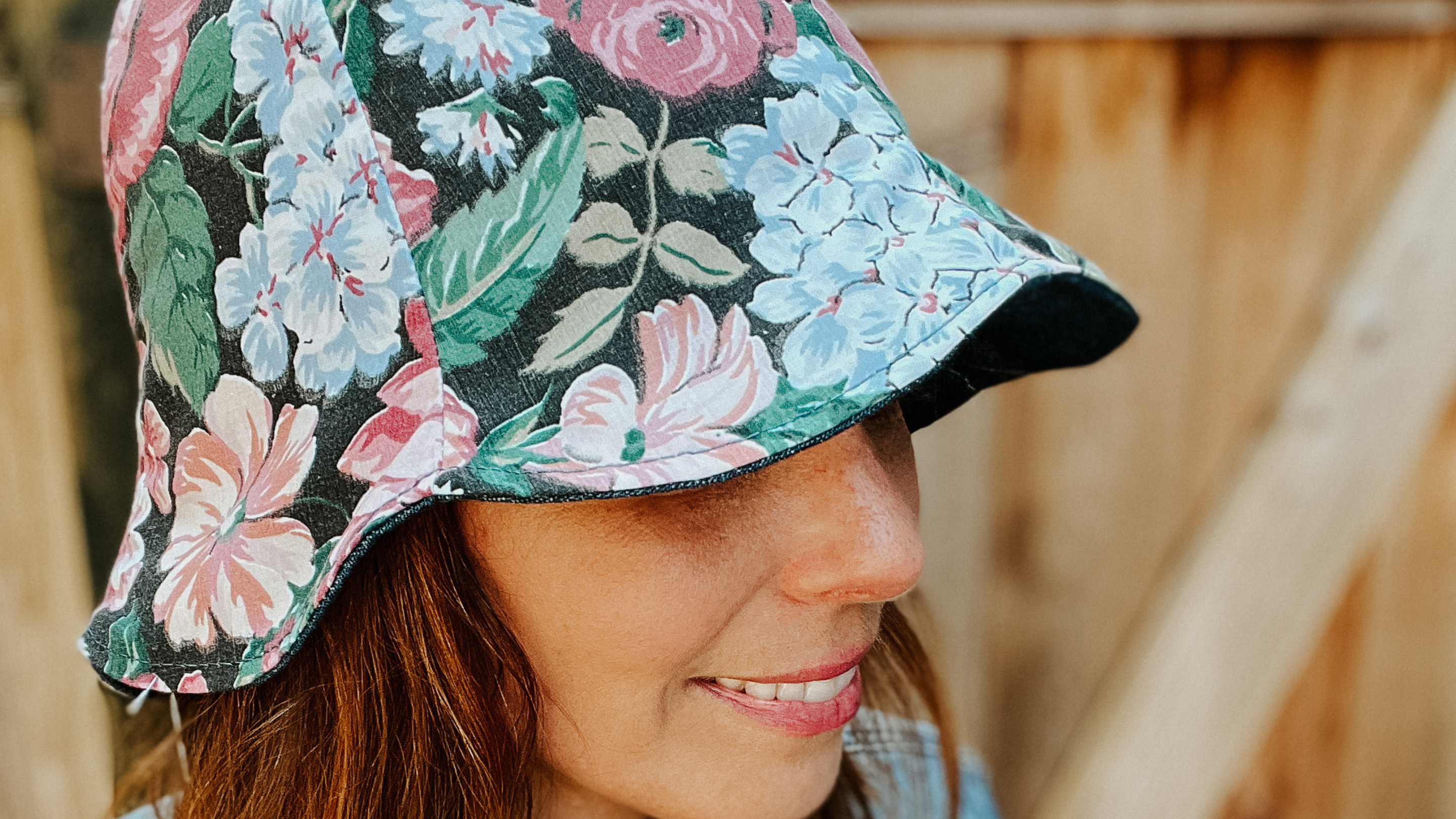 Upcycle tulip bucket summer hat upcycled from sheets. Foldable and reversible. Eco-friendly sustainable style.