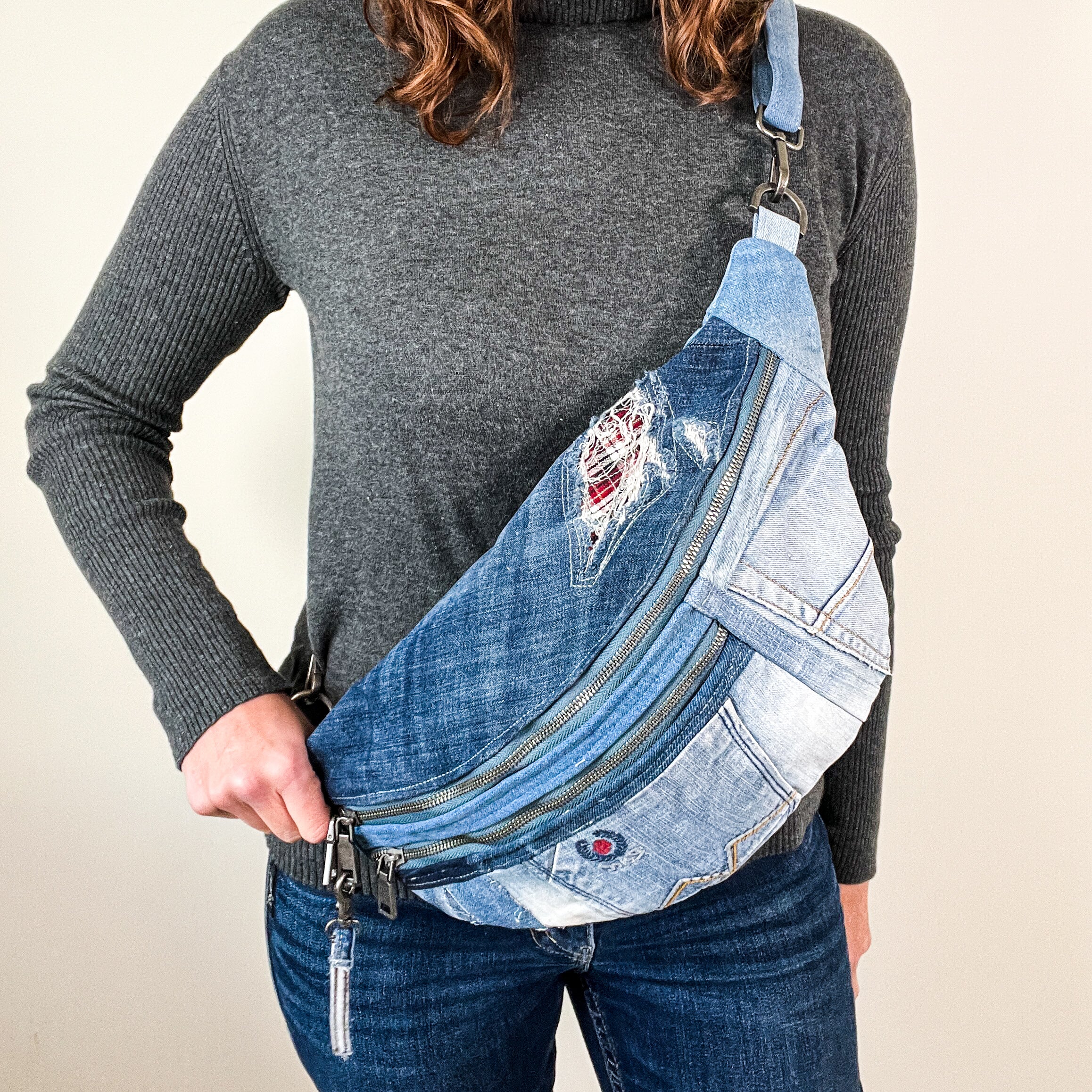 Upcycled Crossbody bag. Sling bag recycled denim XL. Eco friendly bags.
