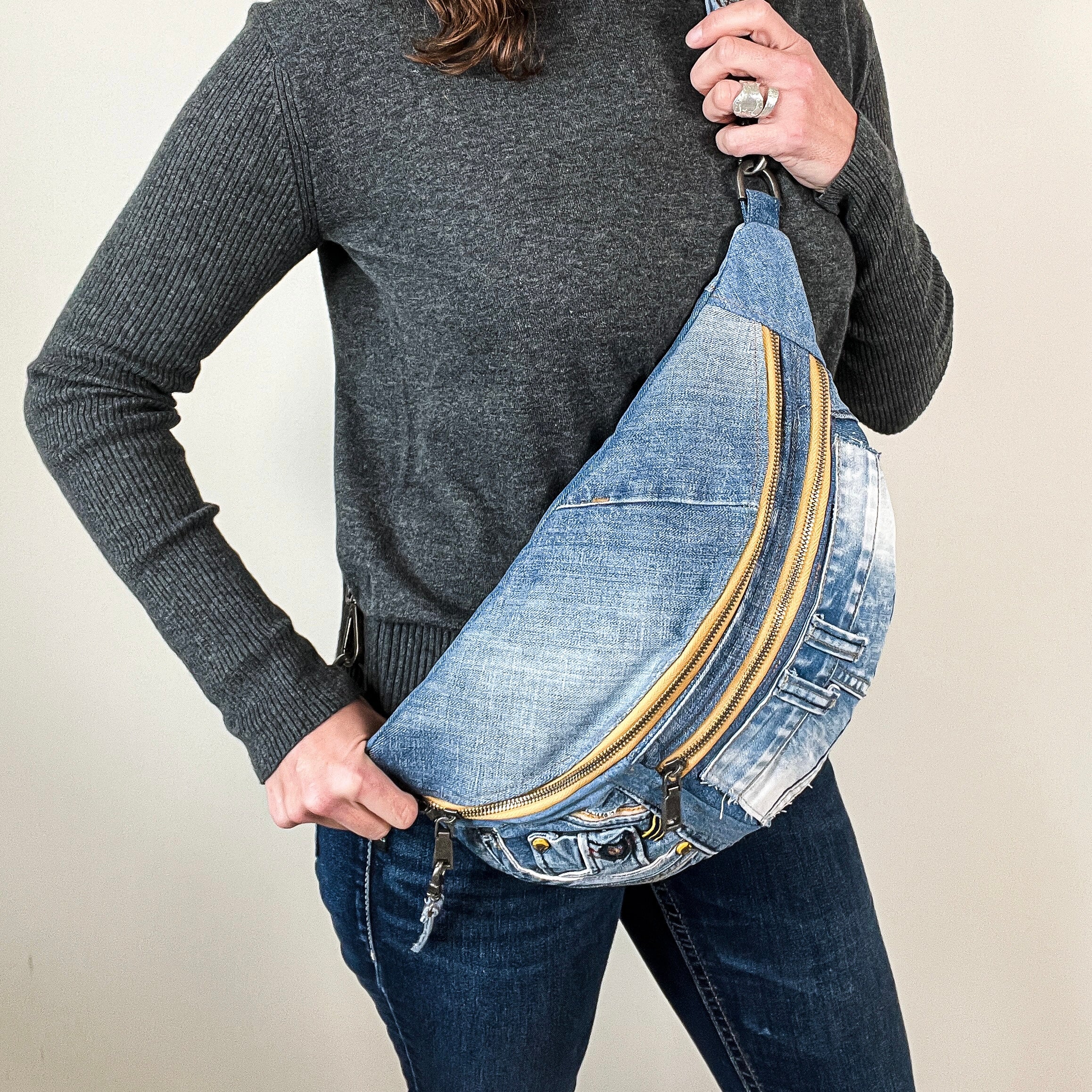 Upcycled denim sling bag XL
