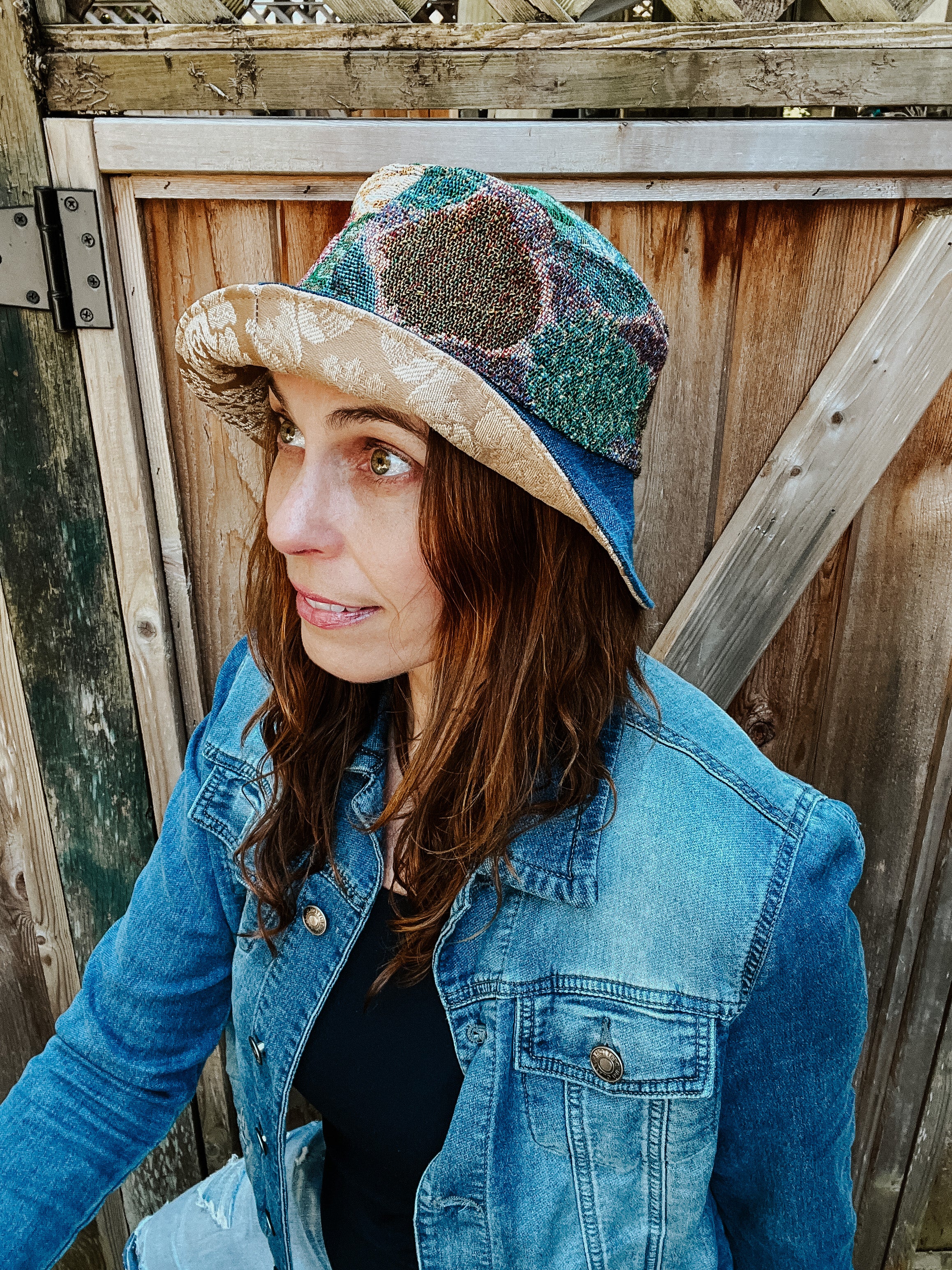 Upcycle bucket hat from thrifted table runner