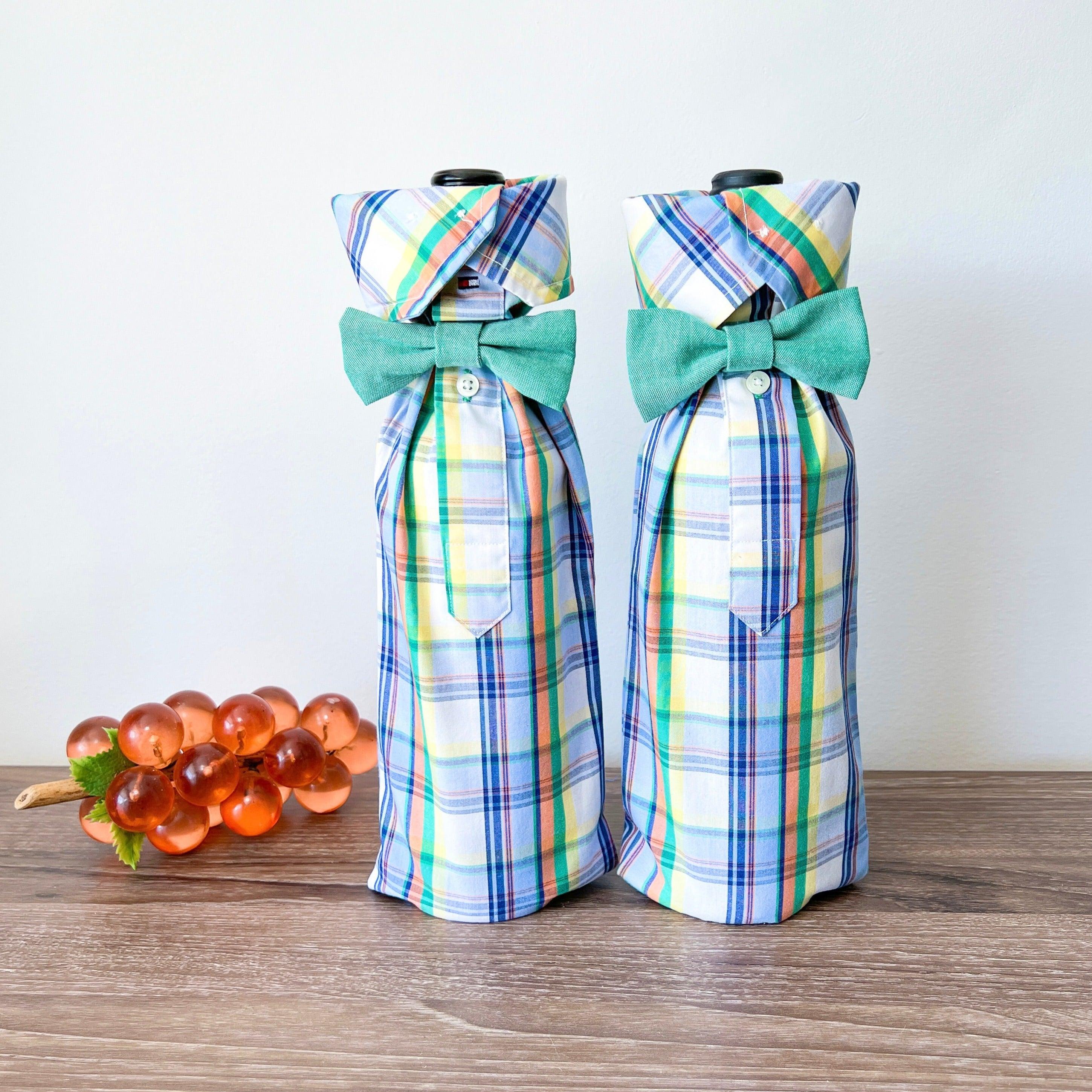 Reusable Wine Bags, Crafted from Dress Shirts for Eco-Friendly Sustainable Design Set of 2.