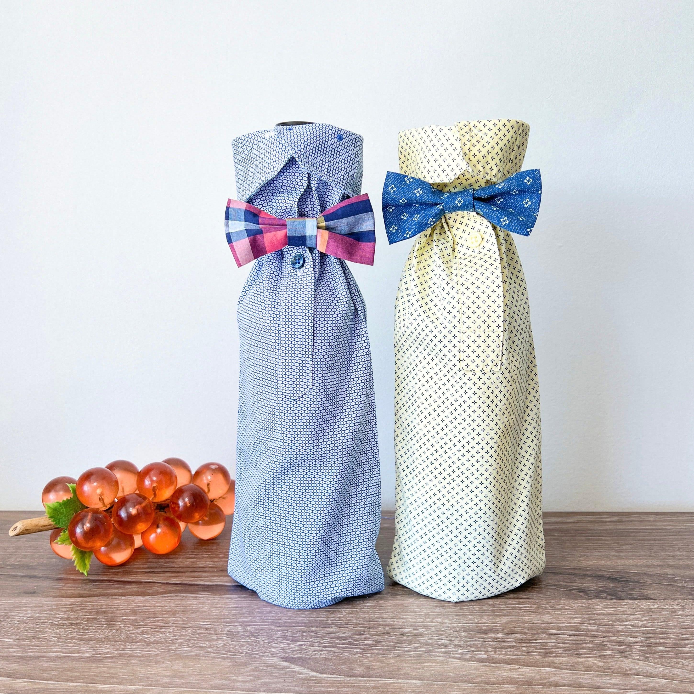 Reusable Wine Bags, Crafted from Dress Shirts for Eco-Friendly Sustainable Design Set of 2.