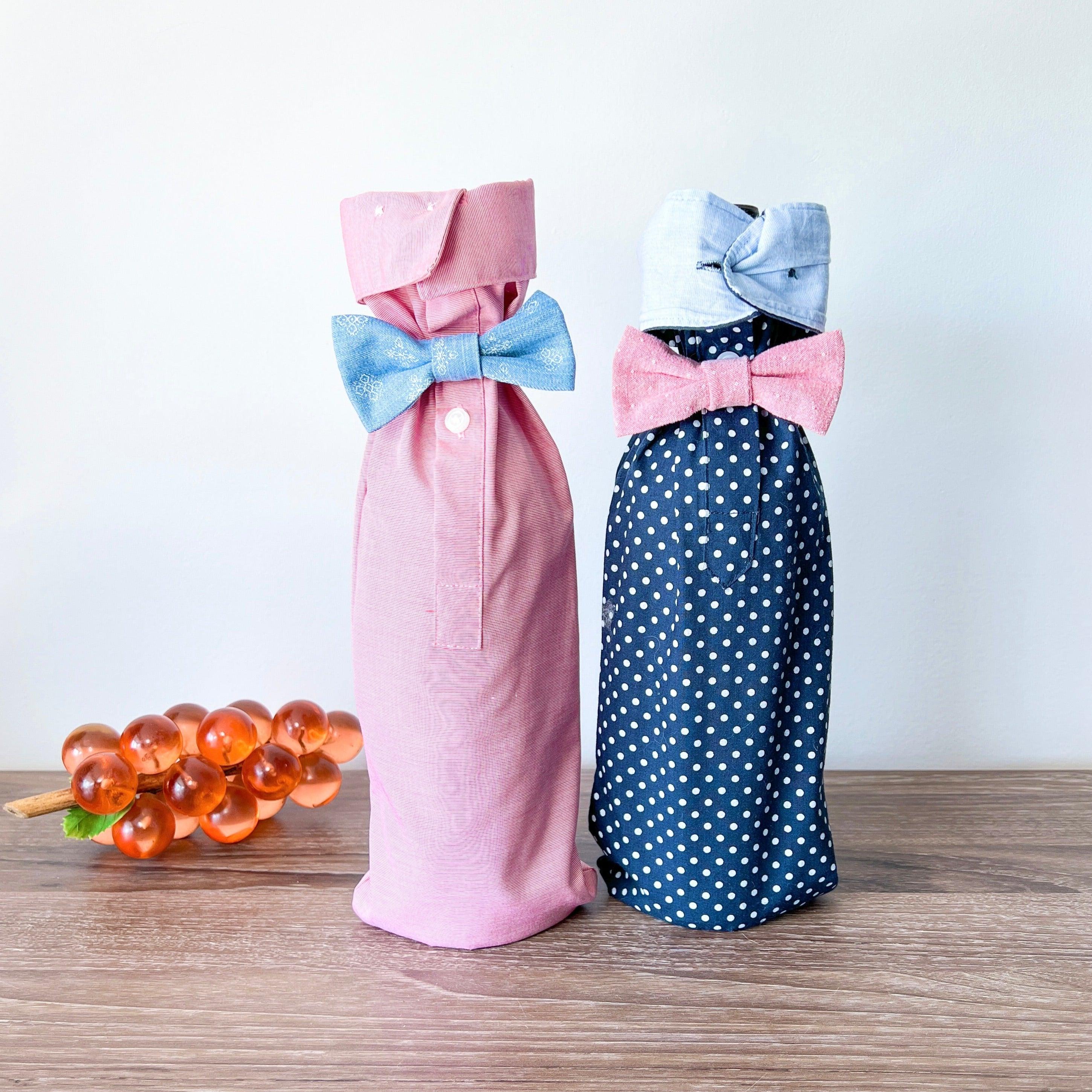 Reusable Wine Bags, Crafted from Dress Shirts for Eco-Friendly Sustainable Design Set of 2.