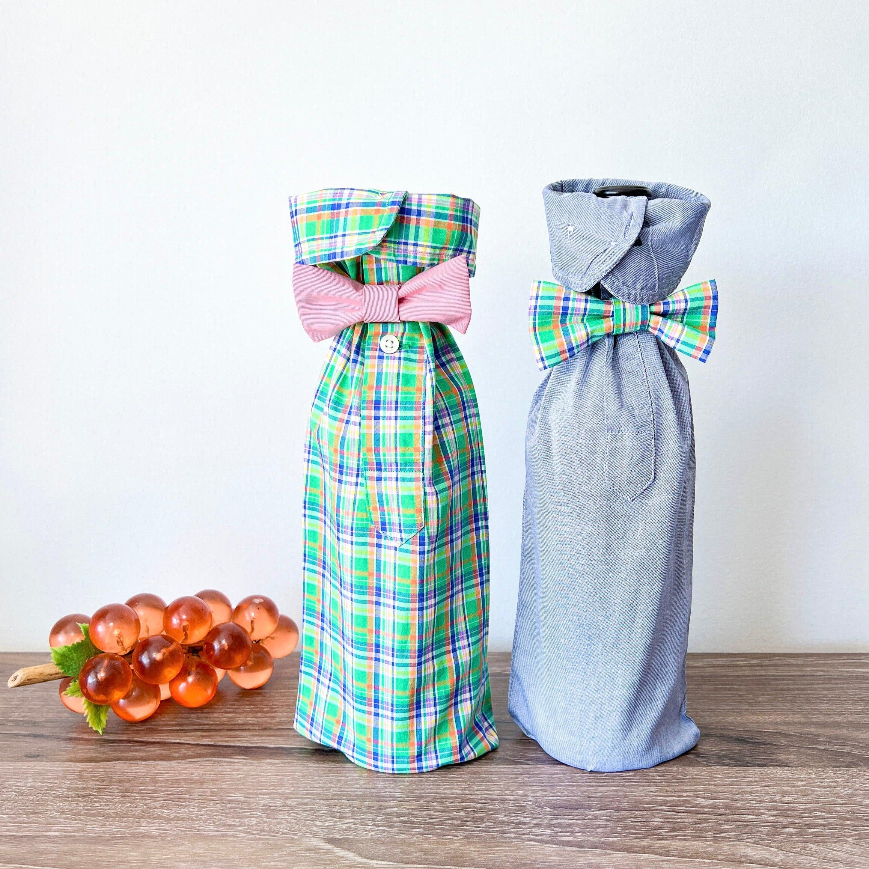 Reusable Wine Bags, Crafted from Dress Shirts for Eco-Friendly Sustainable Design Set of 2.