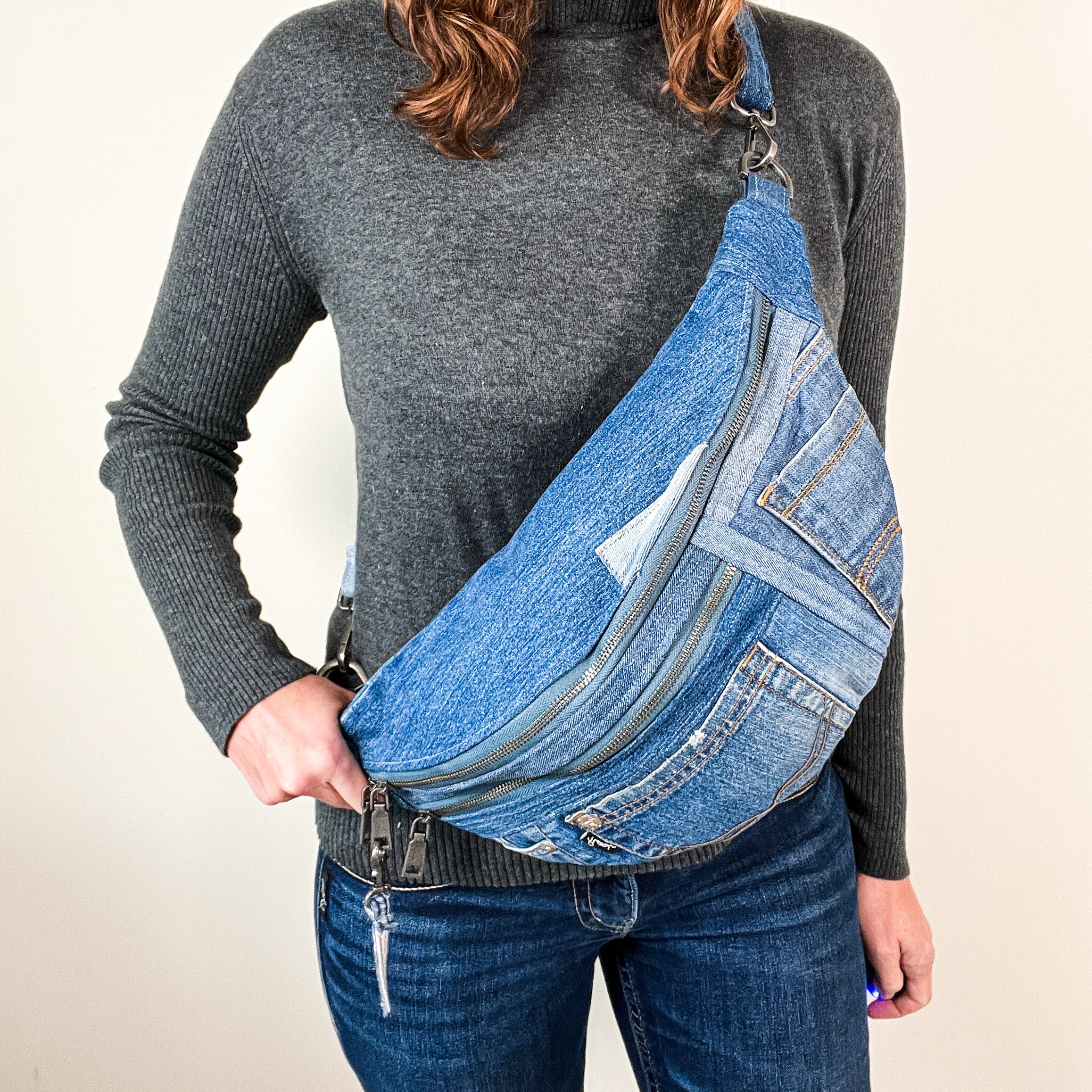 Denim sling crossbody bag XL. Crossbody bag recycled jeans. Eco-friendly bags. 