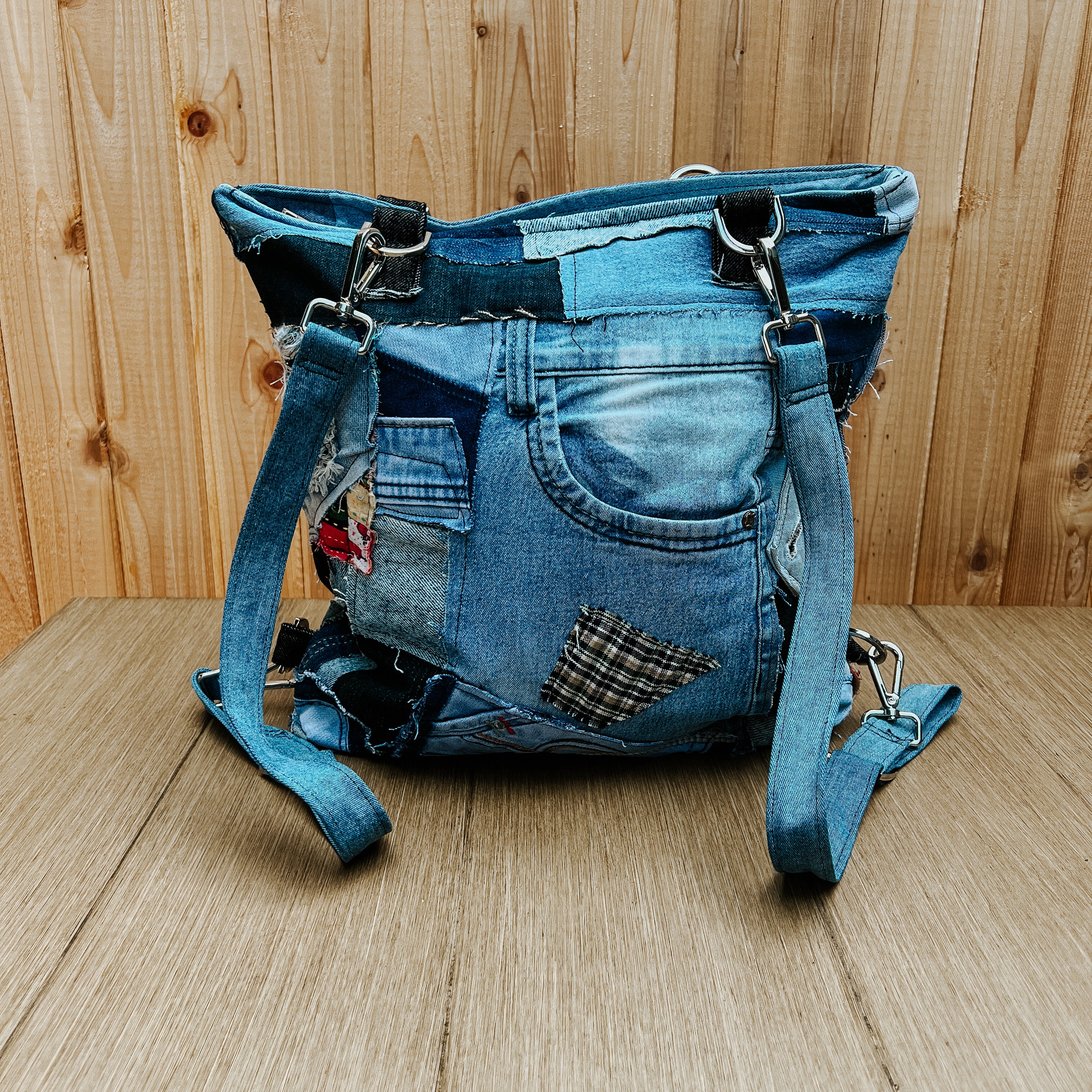 Upcycled denim crossbody bag. Convertible backpack. Large 