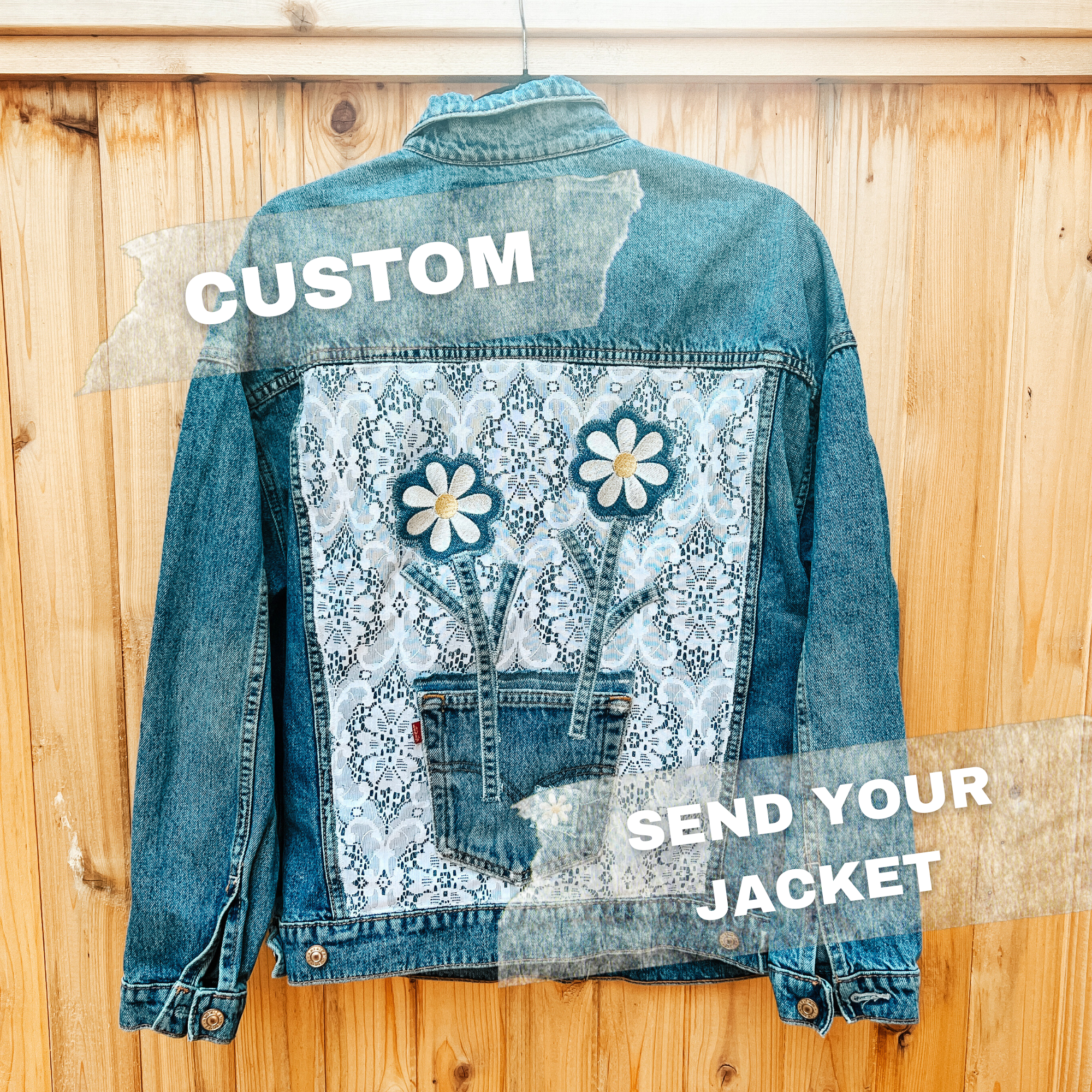 Custom denim jacket upcycled with scrap materials. Has embroidery daisies. Patchwork back and front chest panels. You send your jacket. Price includes return shipping to US + Canada.