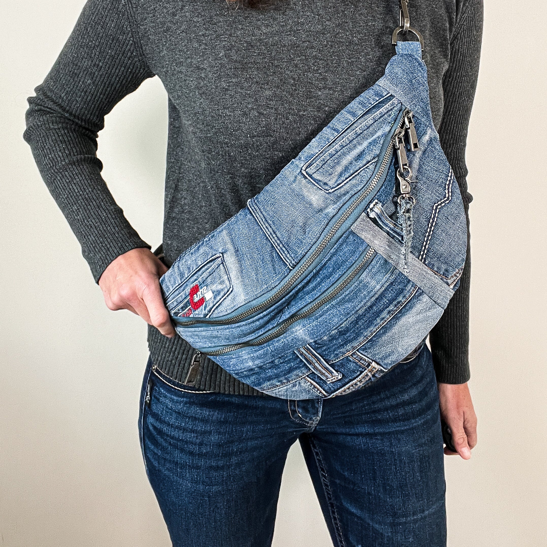 Upcycled denim sling bag. Crossbody bag XL