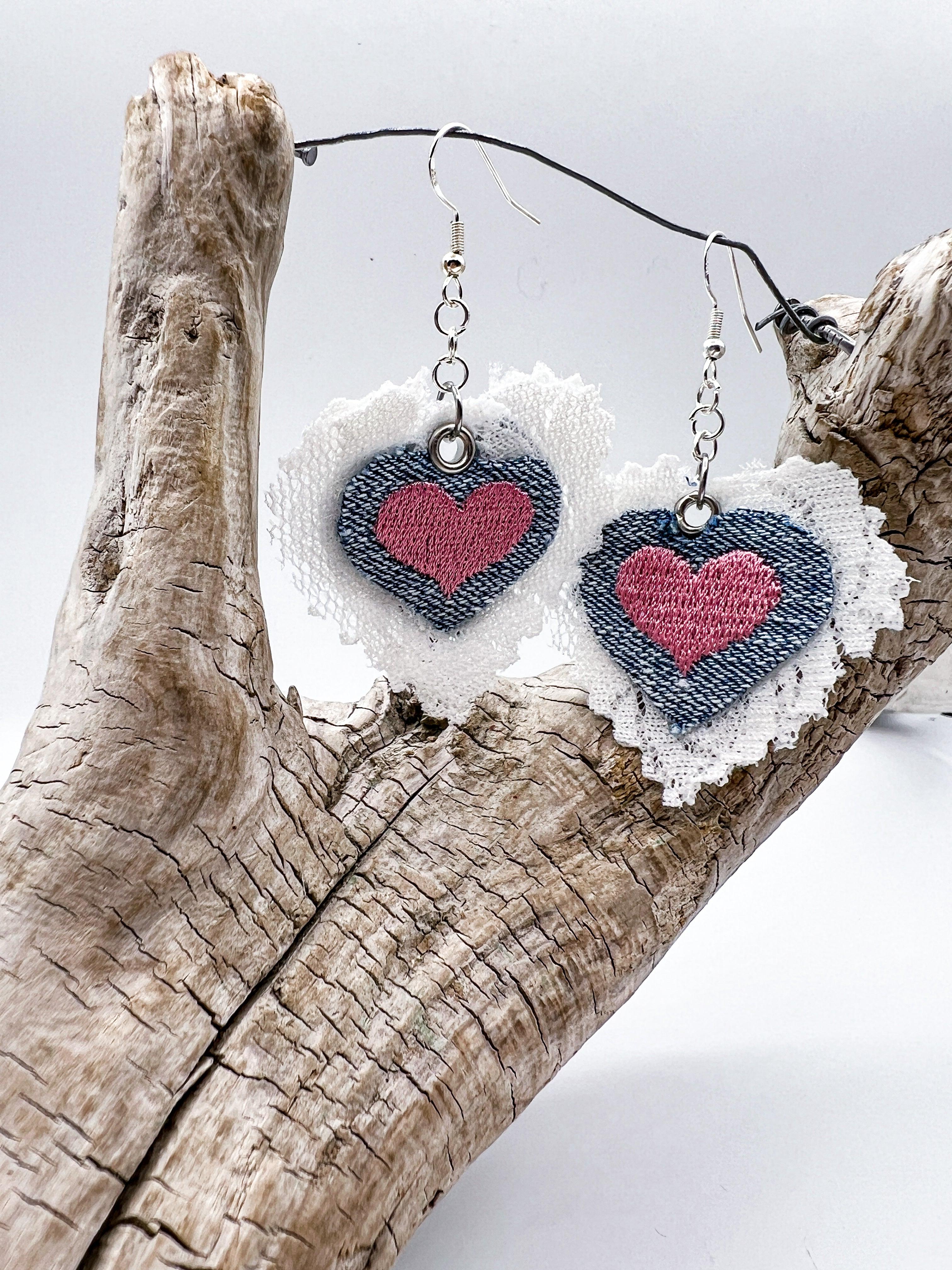 Handmade scrap fabric earrings with pink embroidery heart, light denim jean and white scrap lace. Upcycled. Silver and gold plated earring hooks available.