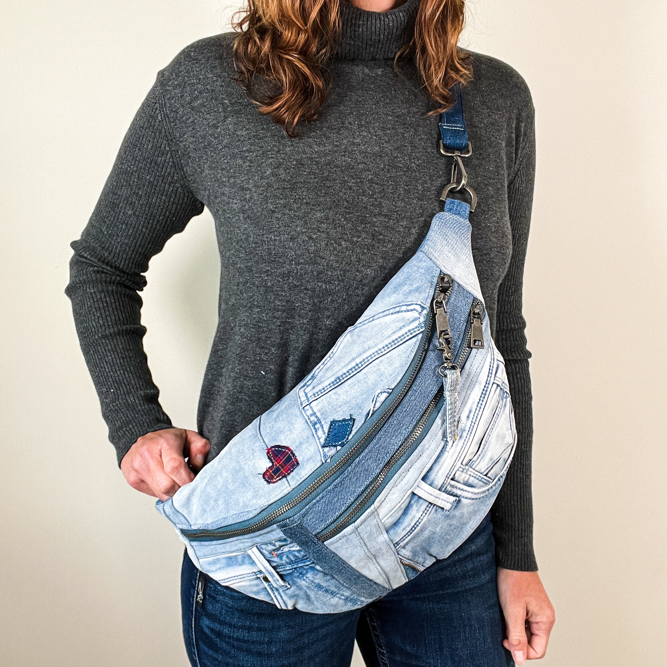 Upcycled denim crossbody bag. Sling bag from recycled jeans XL