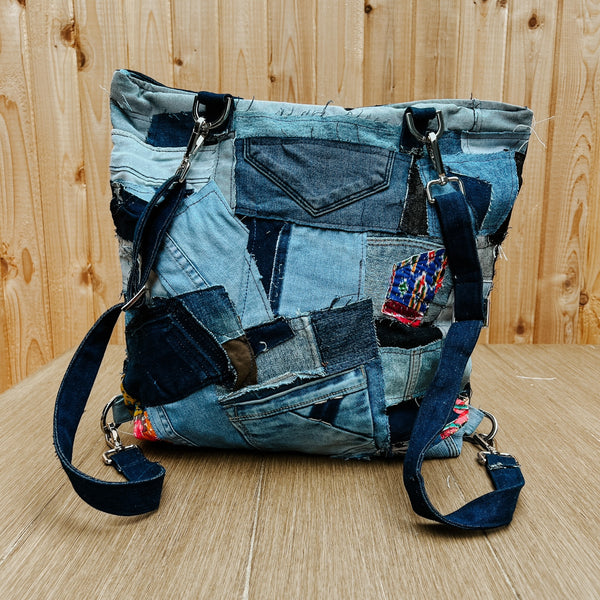 Eco friendly Jean Bag with Zipper, Upcycled Blue Denim Bag outlet for Women, Denim Fabric Small Bag, Convertible Backpack, Trendy Tote Bag