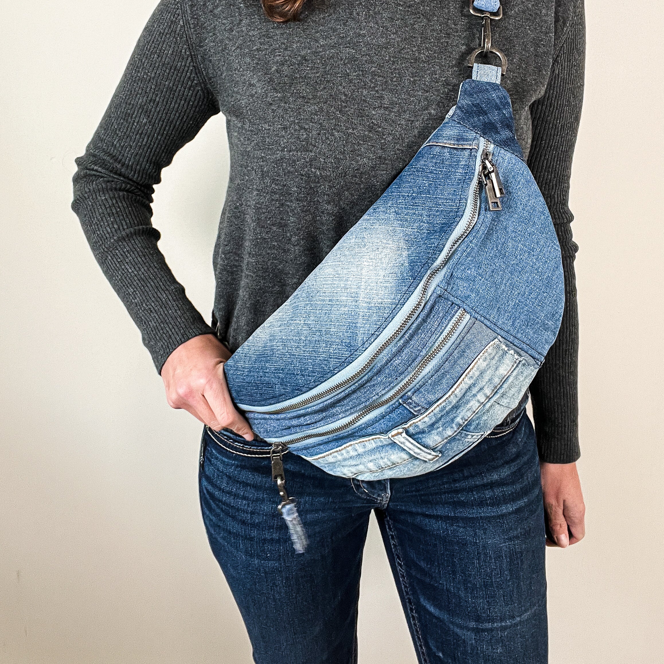 Upcycled denim sling bag XL. Denim crossbody bag. 