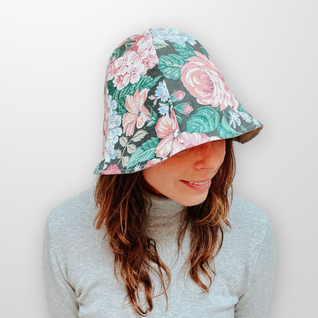 Upcycle reversible bucket sun hat with removable scrap fabric flower.