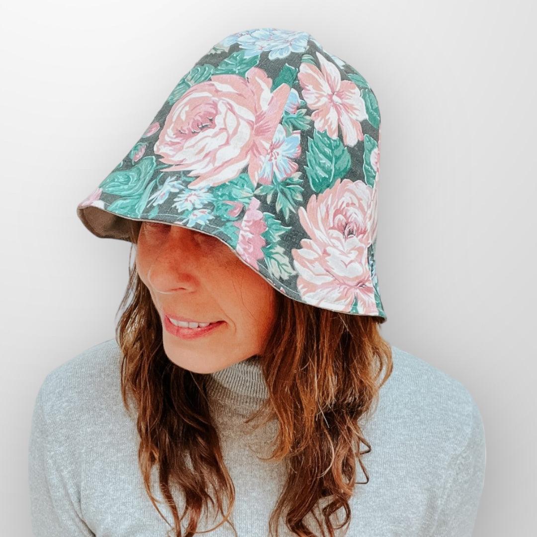 Upcycle floral bucket sun hat reversible with scrap flower pin.