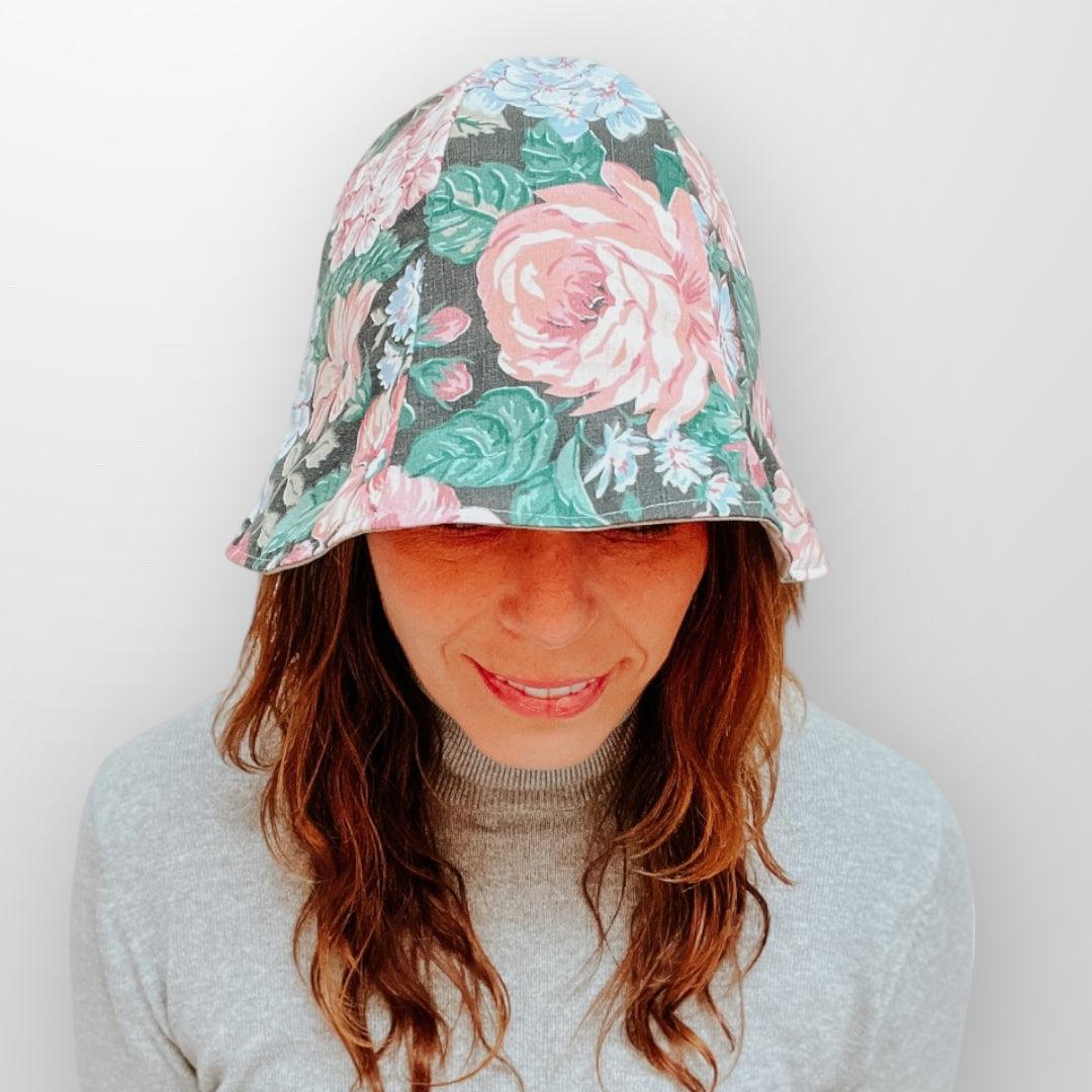 Upcycle reversible bucket sun hat with removable scrap fabric flower.