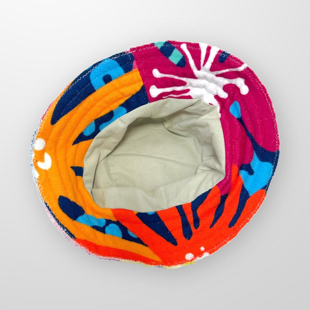 Beach Bucket Hat upcycled from repurposed towels. Eco-friendly sustainable hats. Lining view.